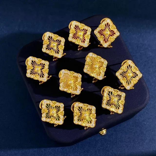 Gold-Tone Enamel and Crystal Quatrefoil Floral Brooches 9