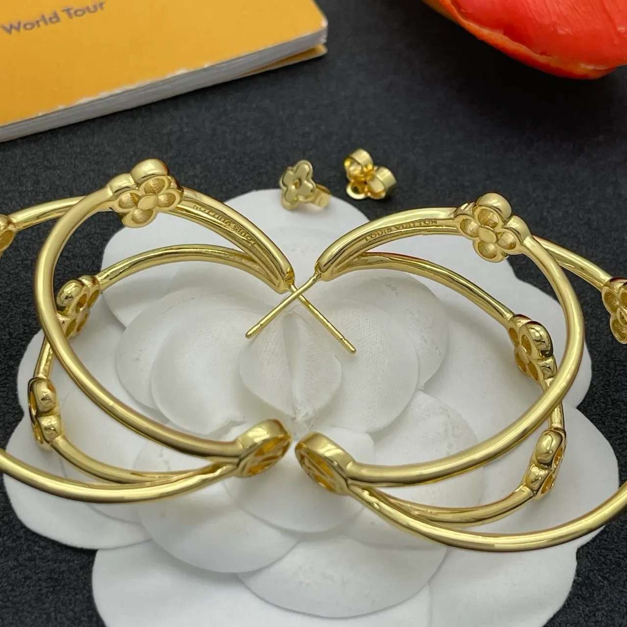 Gold-Tone Floral and Textured Double Hoop Earrings 2