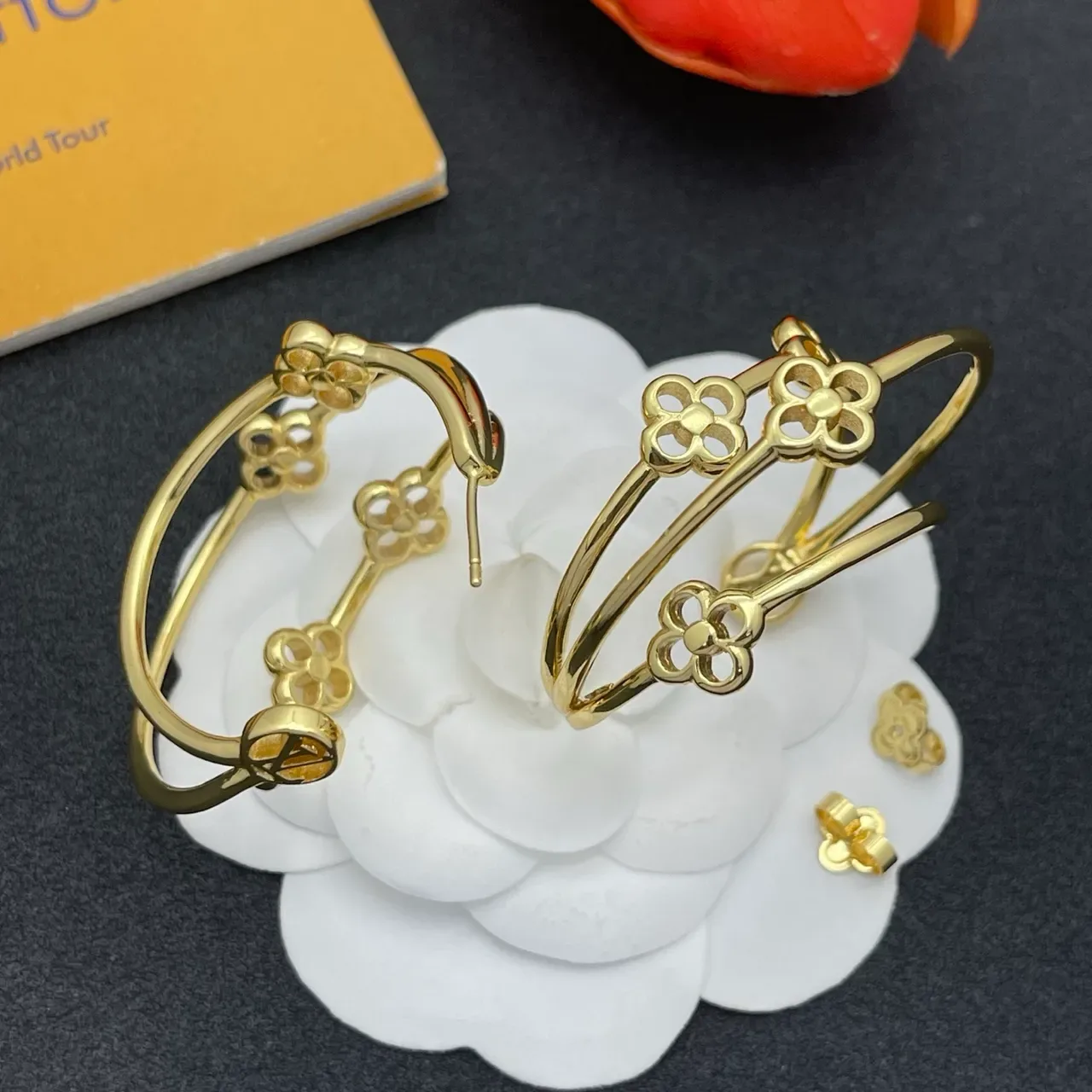 Gold-Tone Floral and Textured Double Hoop Earrings 3