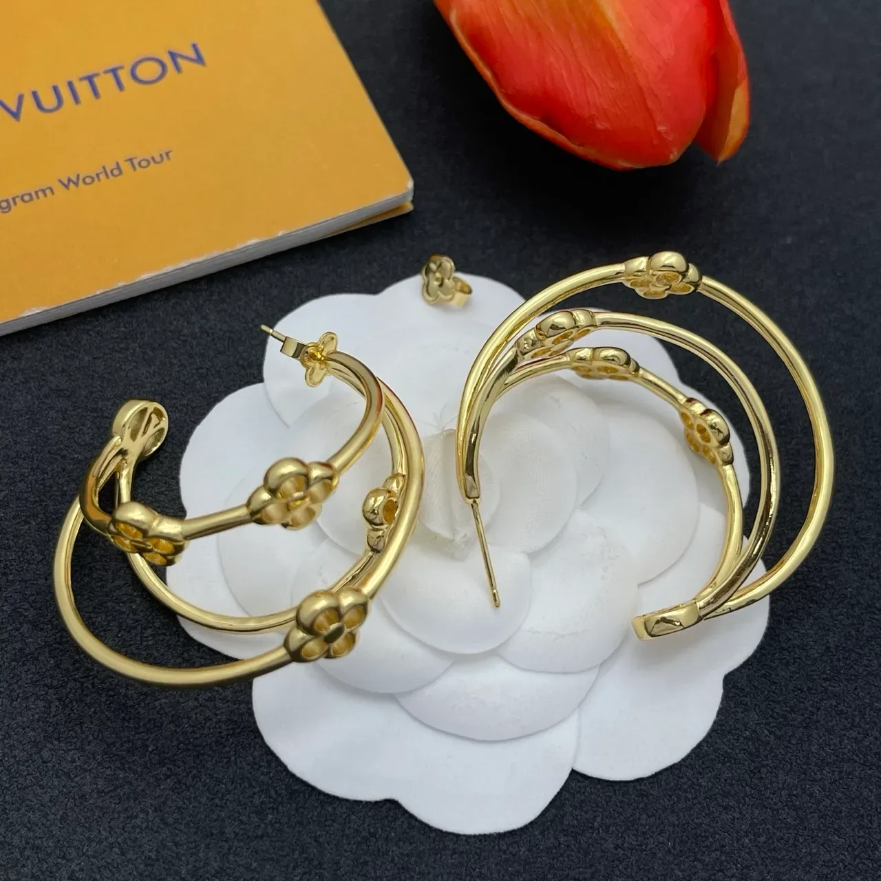 Gold-Tone Floral and Textured Double Hoop Earrings 4