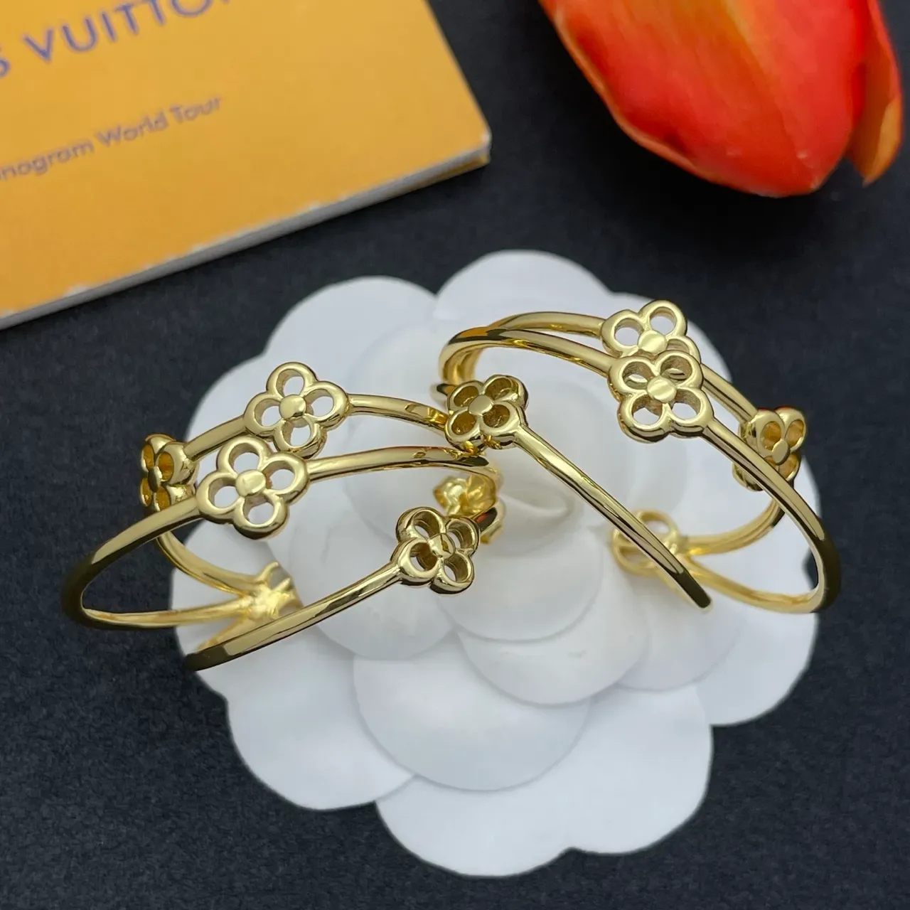 Gold-Tone Floral and Textured Double Hoop Earrings 5