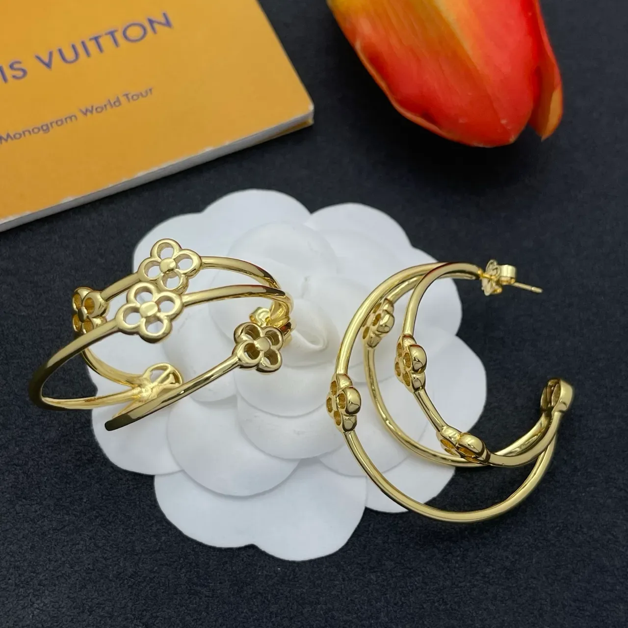 Gold-Tone Floral and Textured Double Hoop Earrings 6