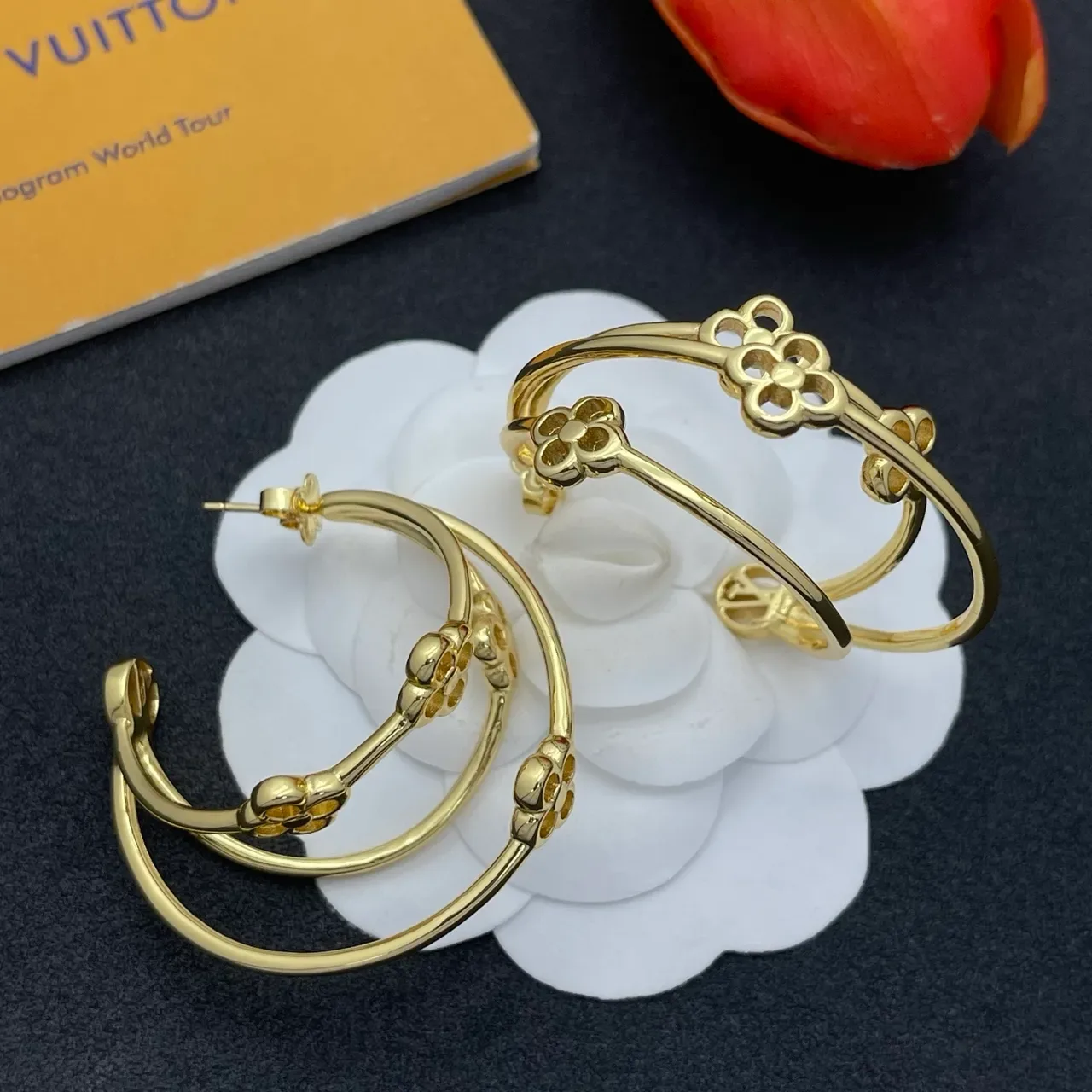 Gold-Tone Floral and Textured Double Hoop Earrings 7