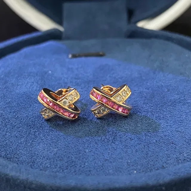 Gold-Tone Interlocking X-Shaped Pink and White Gemstone Earrings 4