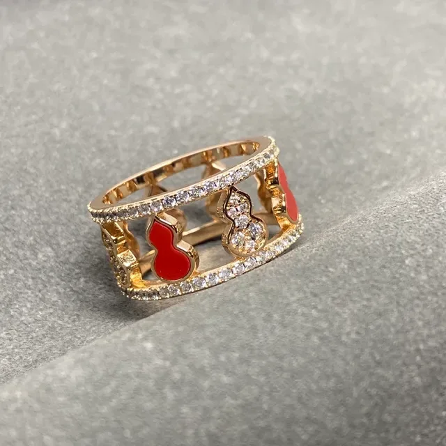 Gold-Tone Pavé-Set Red Enamel Openwork Double-Band Ring 2