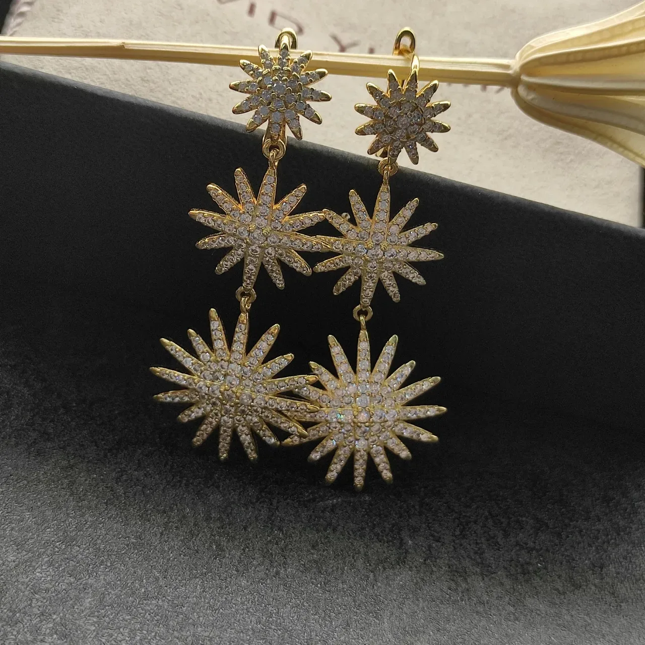 Gold-Tone Pavé Starburst Three-Tier Dangling Earrings 2