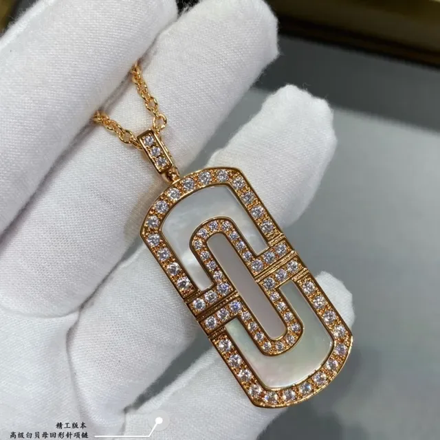 Gold-Tone Rectangular Pavé-Set Mother-of-Pearl Pendant Necklace 4