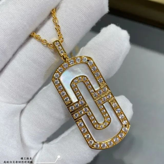 Gold-Tone Rectangular Pavé-Set Mother-of-Pearl Pendant Necklace 5