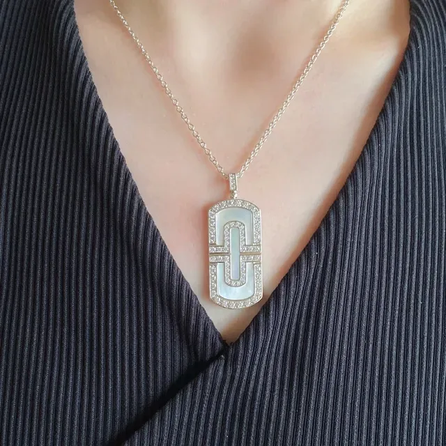 Gold-Tone Rectangular Pavé-Set Mother-of-Pearl Pendant Necklace 9