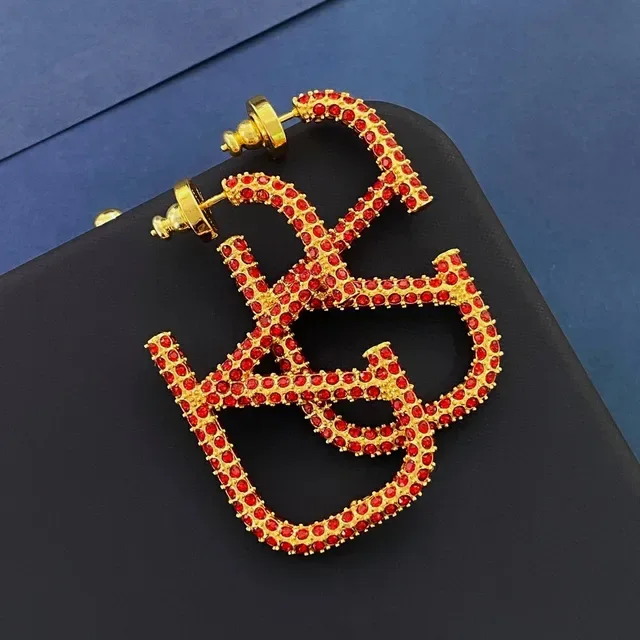Gold-Tone Red Rhinestone Monogram Statement Earrings 2
