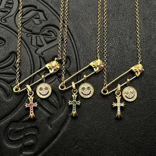 Gold-Tone Safety Pin Smiley Face and Cross Charm Necklaces