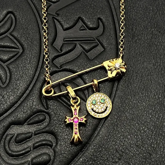 Gold-Tone Safety Pin Smiley Face and Cross Charm Necklaces 2
