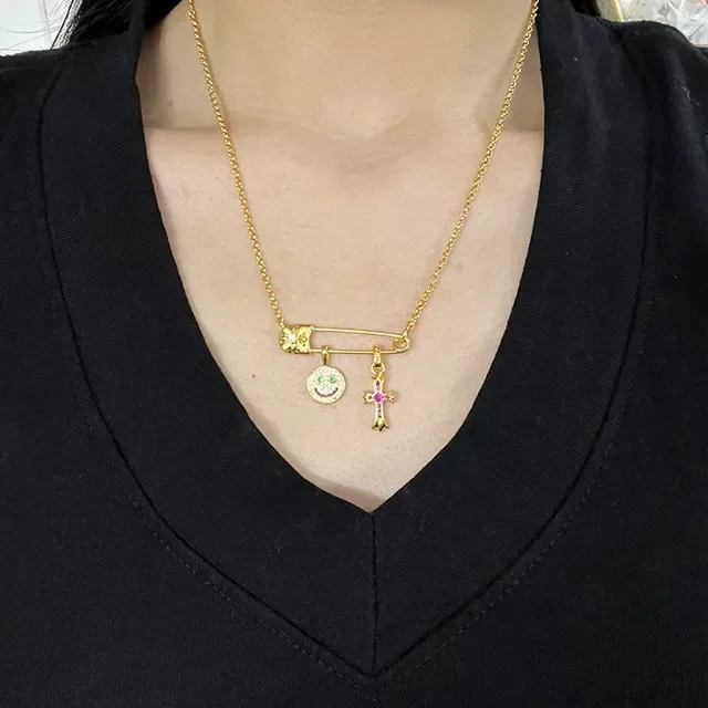 Gold-Tone Safety Pin Smiley Face and Cross Charm Necklaces 3