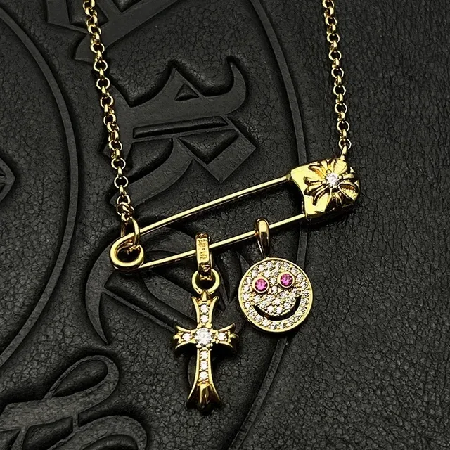 Gold-Tone Safety Pin Smiley Face and Cross Charm Necklaces 4