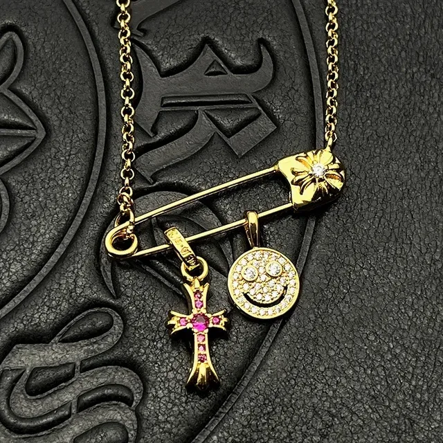 Gold-Tone Safety Pin Smiley Face and Cross Charm Necklaces 6