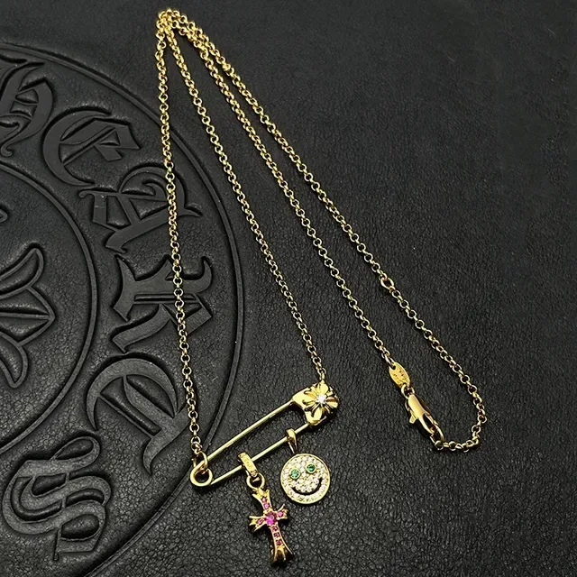Gold-Tone Safety Pin Smiley Face and Cross Charm Necklaces 7
