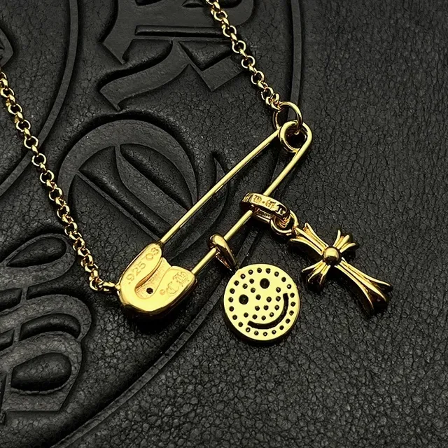 Gold-Tone Safety Pin Smiley Face and Cross Charm Necklaces 8