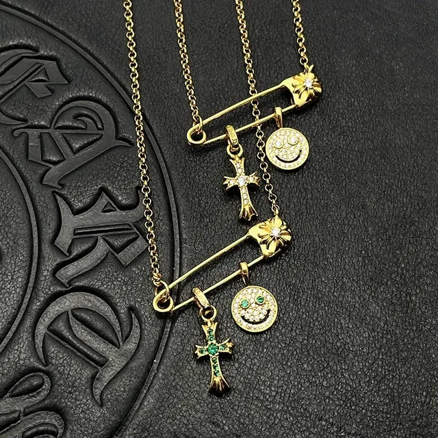 Gold-Tone Safety Pin Smiley Face and Cross Charm Necklaces 9