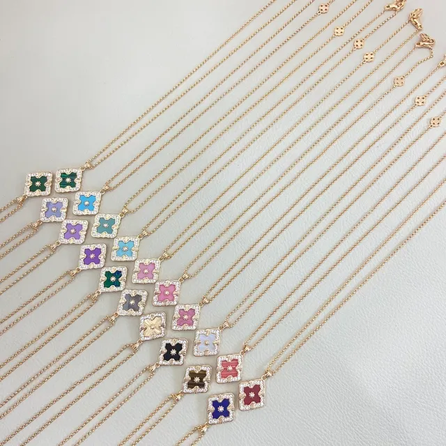 Gold-Tone Square Floral Enamel Pendant Necklaces 6