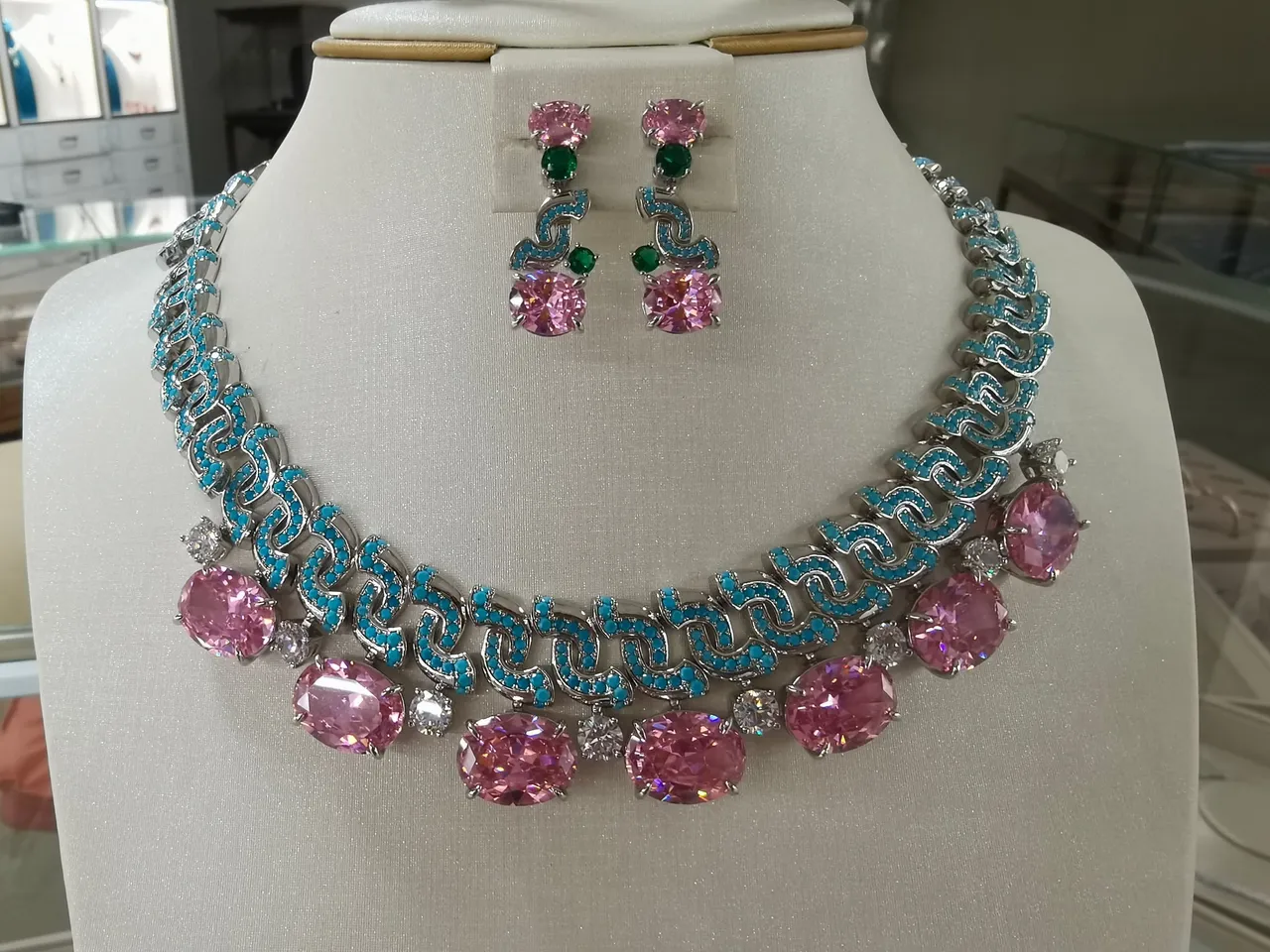 Gold-Tone Turquoise and Pink Statement Necklace 2