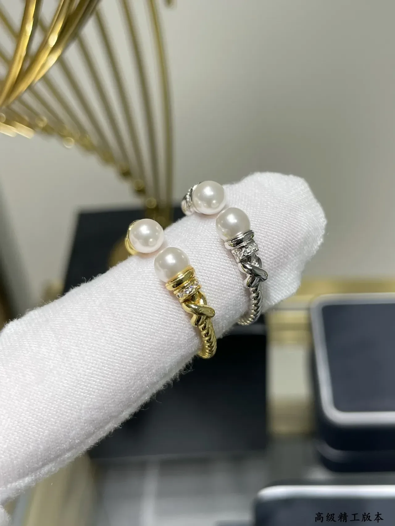 Gold-Toned Twisted Rope Double Pearl Open Ring 2
