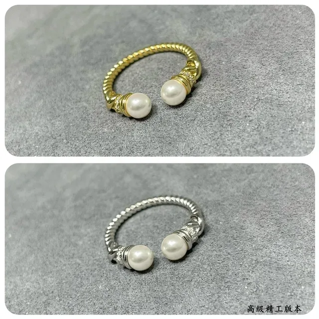 Gold-Toned Twisted Rope Double Pearl Open Ring 4