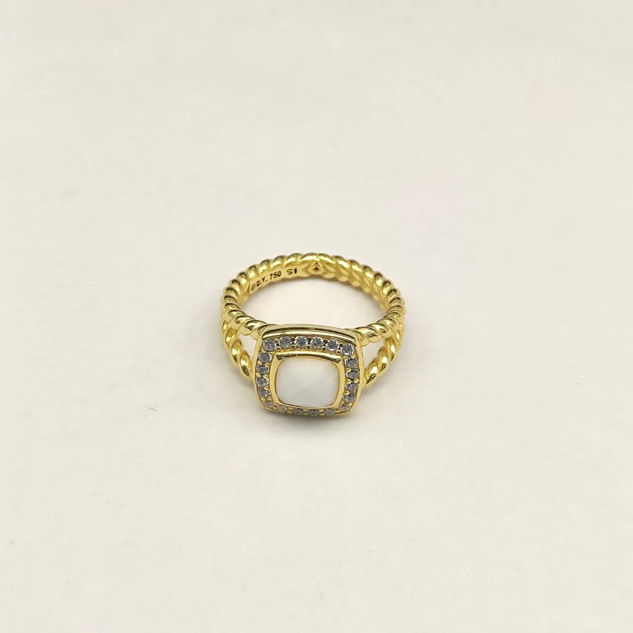 Gold White Square Cabochon Center Stone Pave Halo Of Clear Stones Ring 2