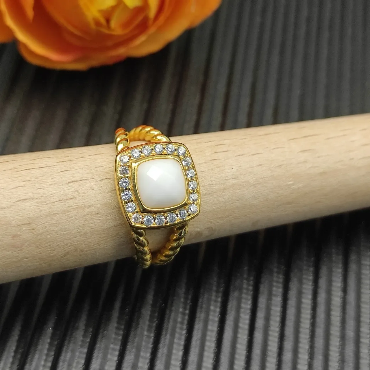 Gold White Square Cabochon Center Stone Pave Halo Of Clear Stones Ring 3