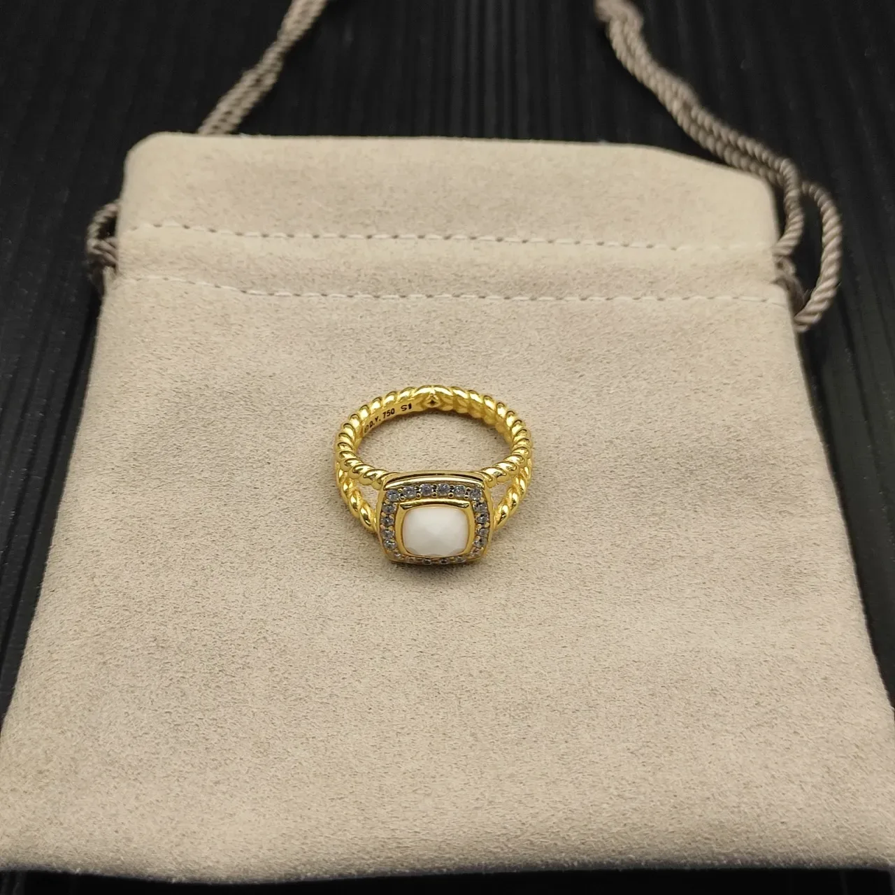 Gold White Square Cabochon Center Stone Pave Halo Of Clear Stones Ring 4