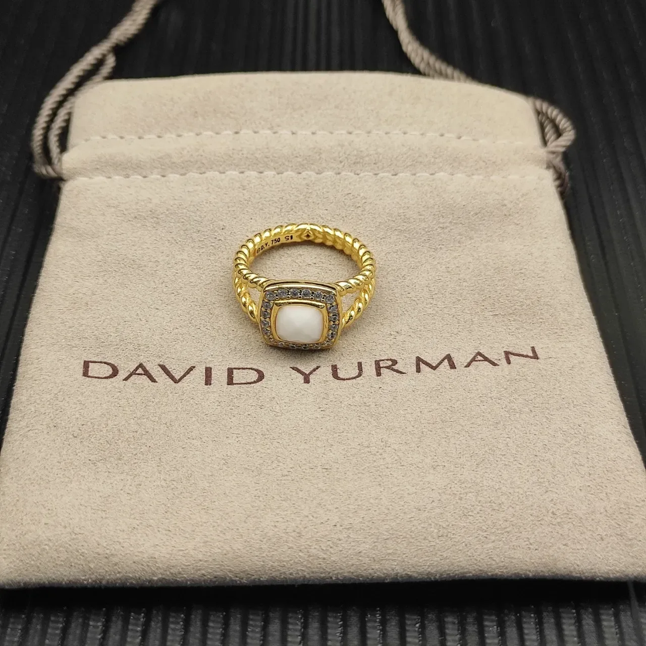 Gold White Square Cabochon Center Stone Pave Halo Of Clear Stones Ring 5
