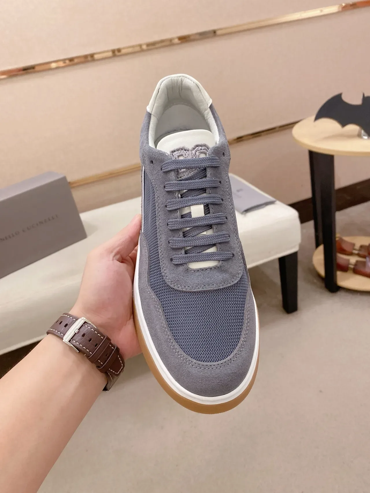 Gray and Blue Mesh-Suede Low-Top Lifestyle Sneaker 5