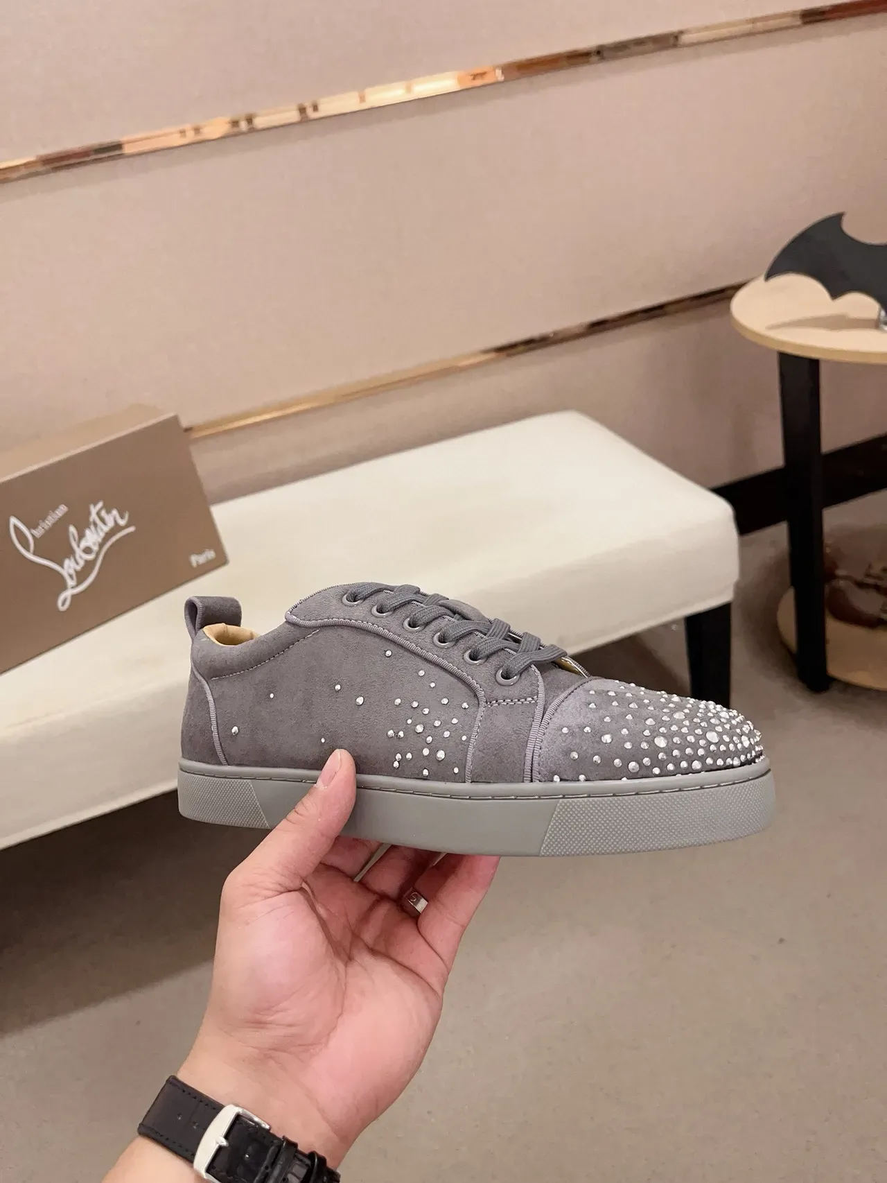 Gray Suede Studded Low-Top Lifestyle Sneaker 4