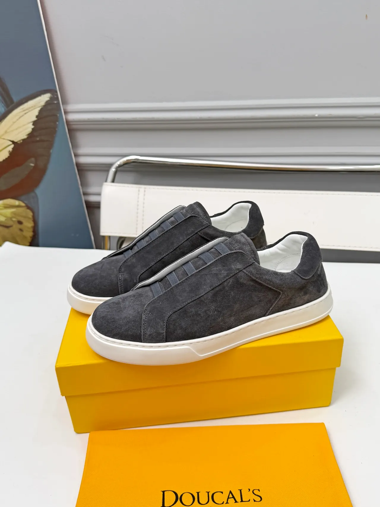 Gray White Suede Upper Slip-On Construction Sneakers 4