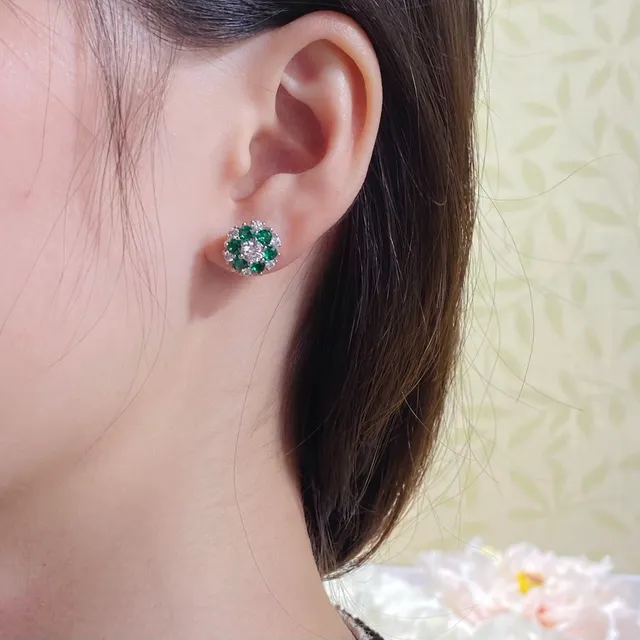 Green and Clear Stone Cluster Floral Stud Earrings 7