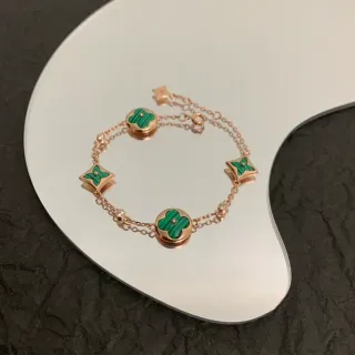 Pulsera Malaquita Esmaltada con Motivos de Trébol Cadena Doble Verde Oro Rosa
