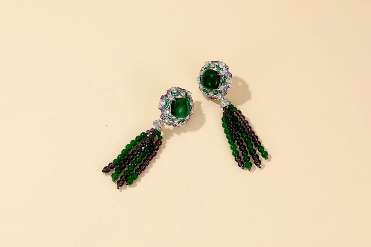 Green Pink Tassel-Detailed Gemstone-Beaded Necklace 3