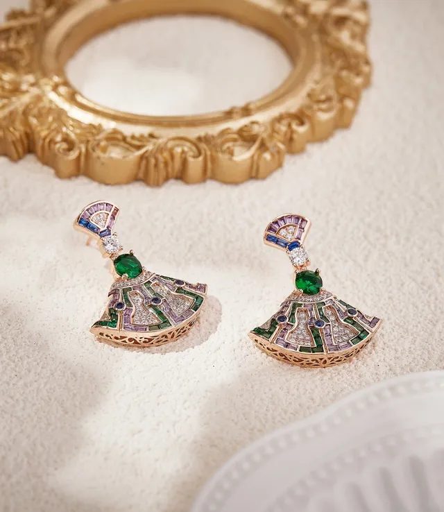 Green Purple Fan-Shaped Geometric Pavé Multi-Gemstone Inlay Earrings 2