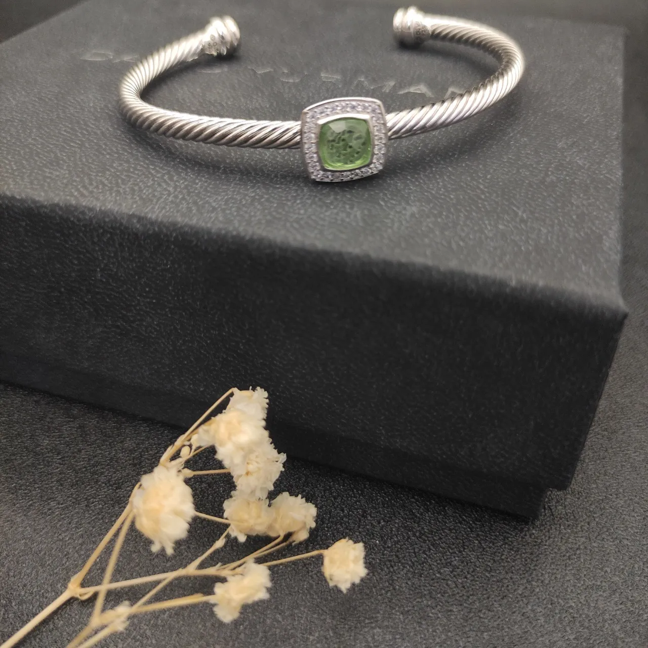Green Silver Twisted Rope Cable Bangle Cushion-Cut Center Stone Bracelet 5