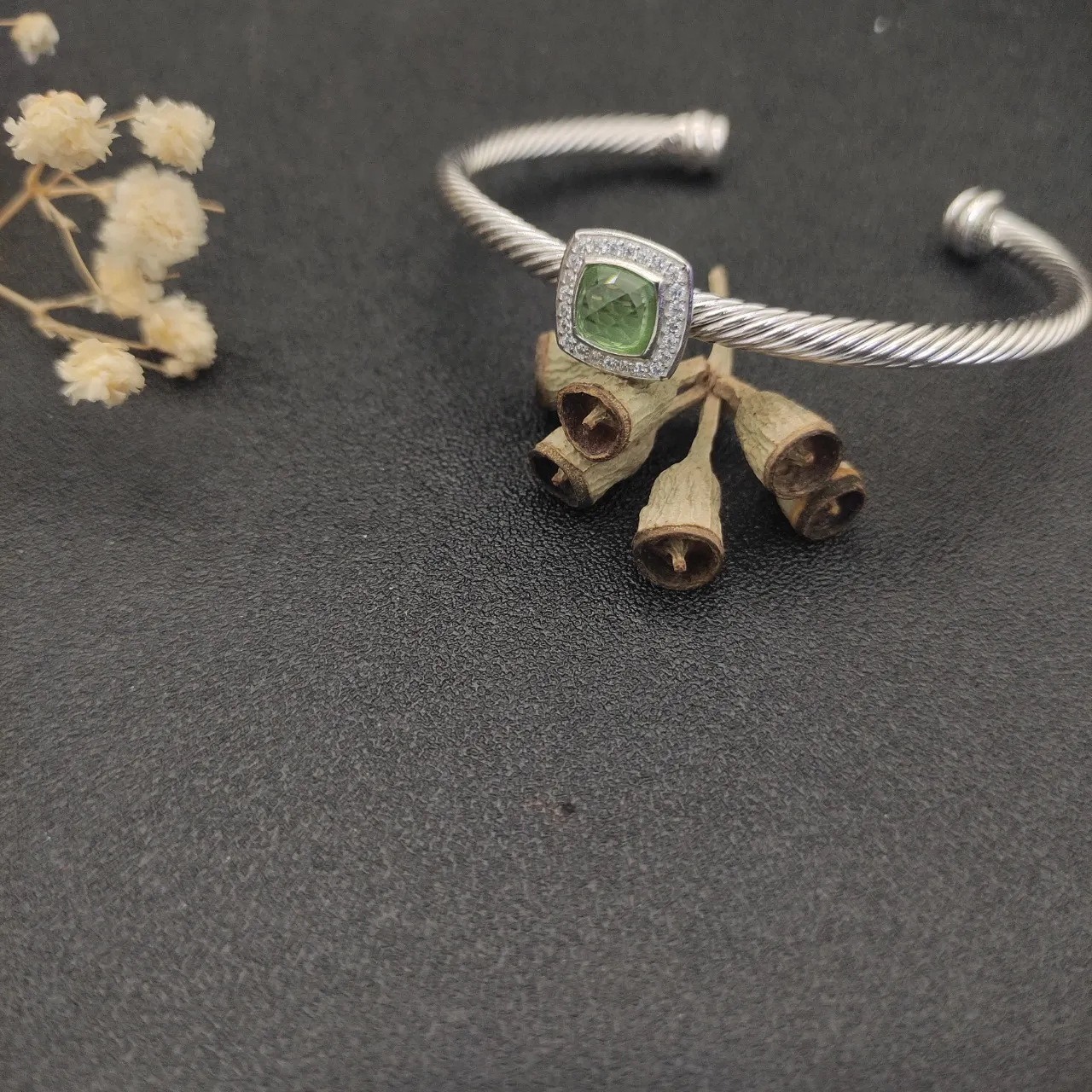 Green Silver Twisted Rope Cable Bangle Cushion-Cut Center Stone Bracelet 9