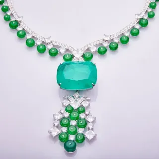 Green White Emerald-Cut Central Pendant Round Bead Accents Necklace