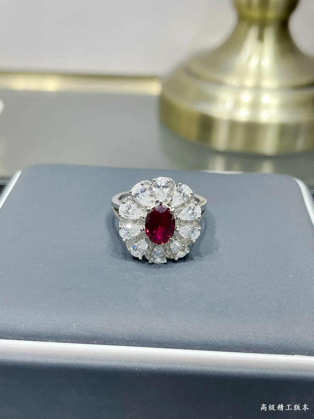 Halo Cluster Oval Ruby and Diamond Ring 4