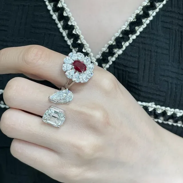 Halo Cluster Oval Ruby and Diamond Ring 9