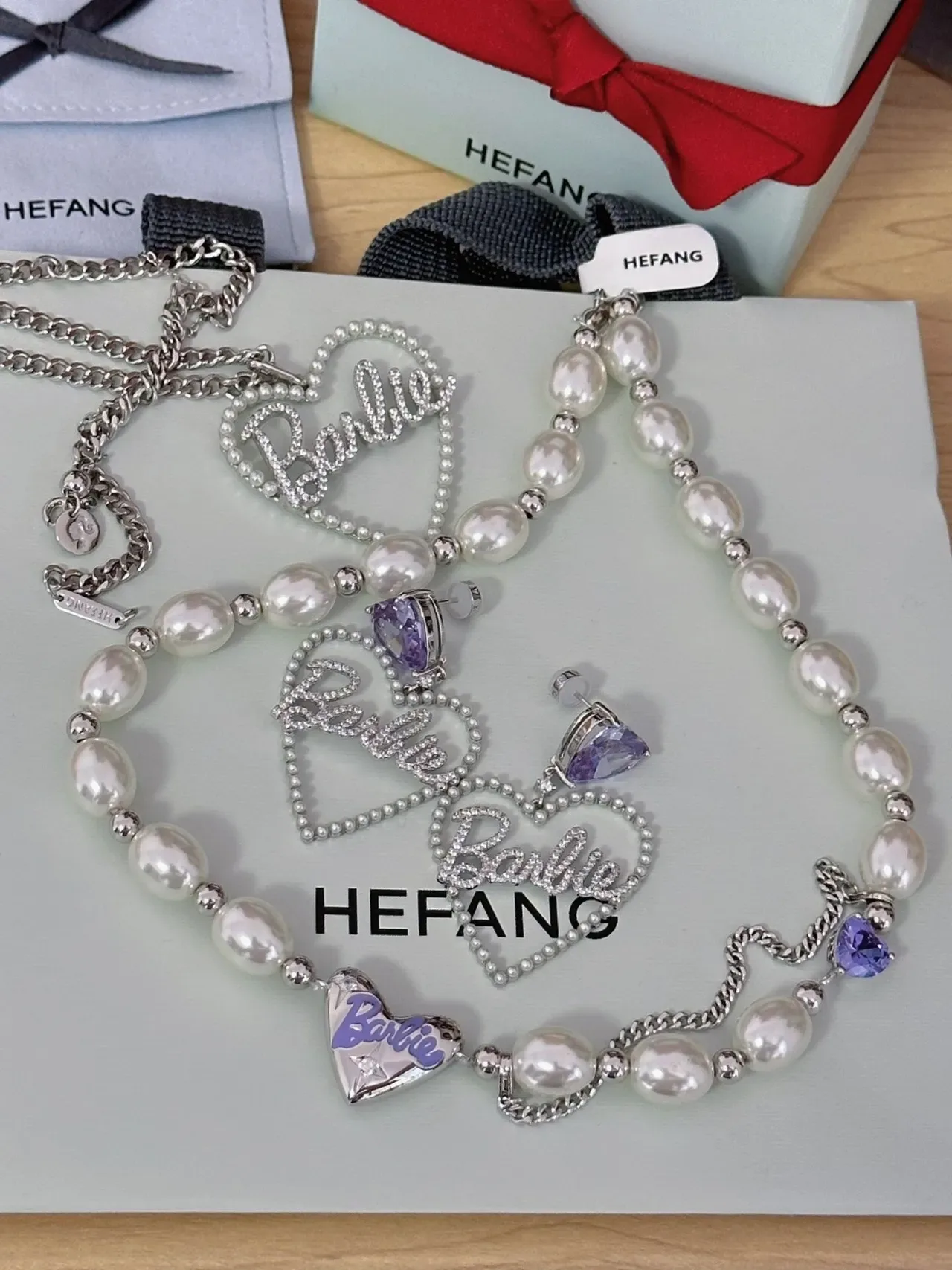 HEFANG Barbie Script Heart Pearl Earrings 5