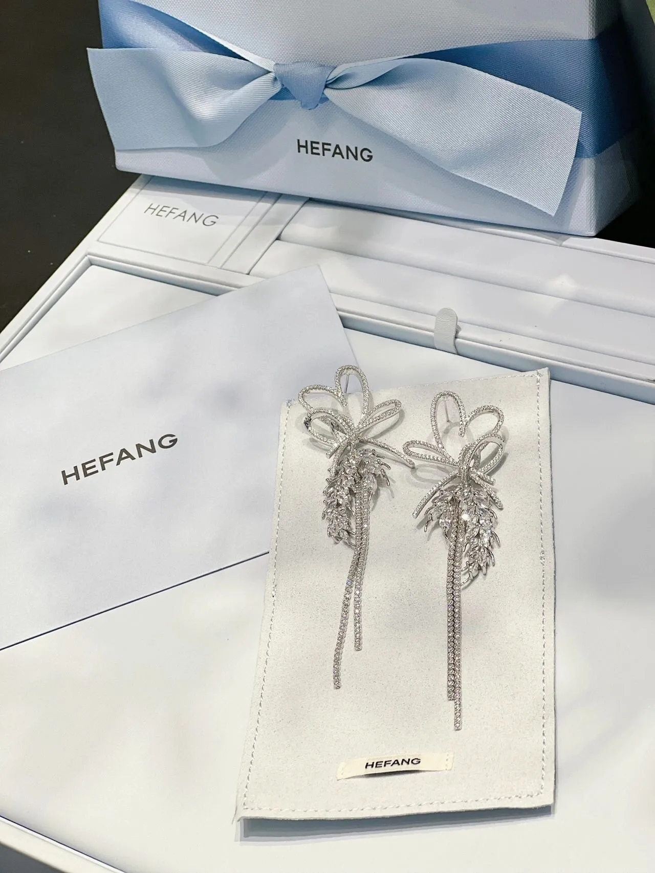 HEFANG Bow Motif Crystal Fringe Dangling Earrings 5