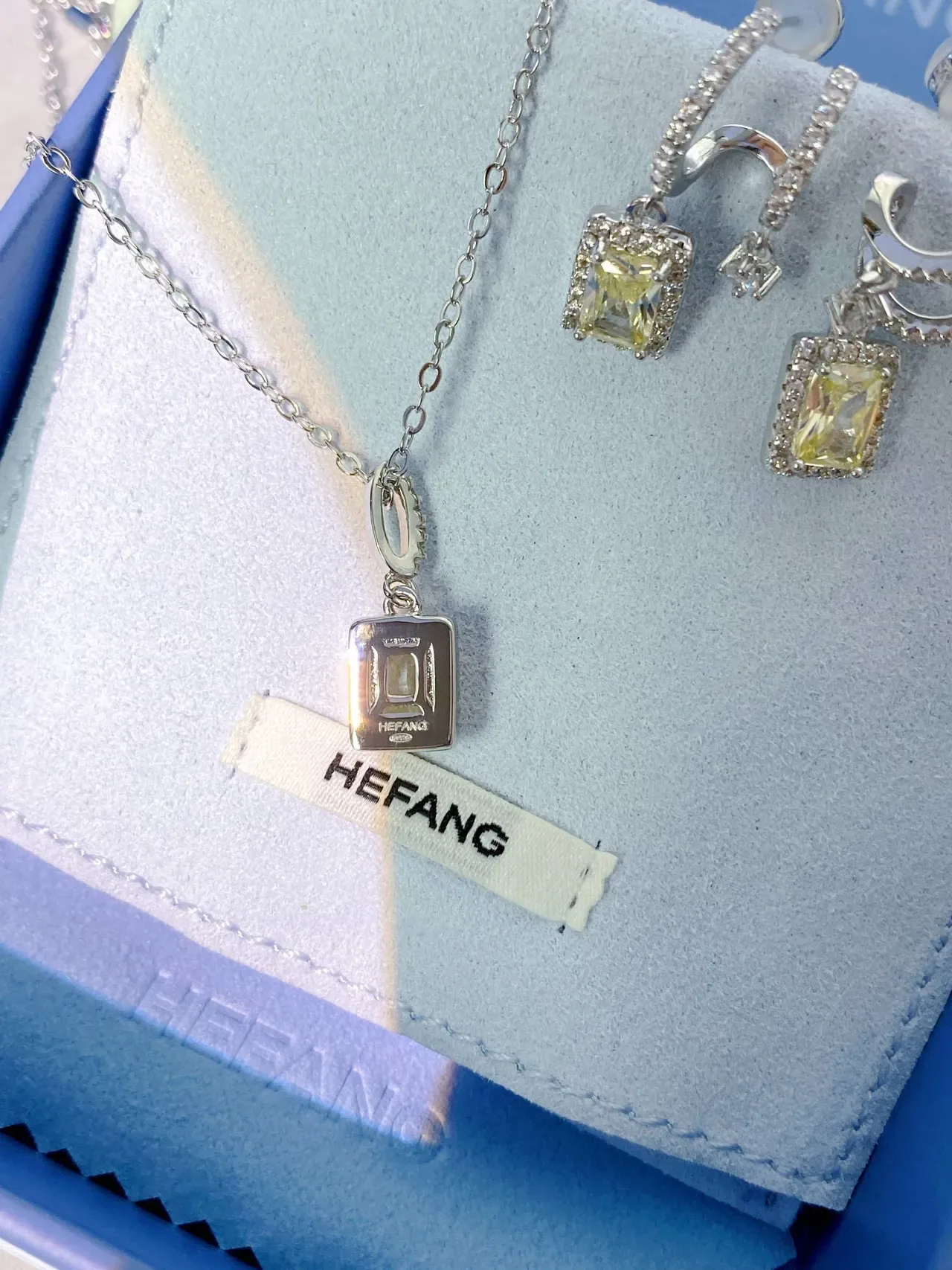HEFANG Rectangular Yellow Gemstone Halo Pendant Necklace 6
