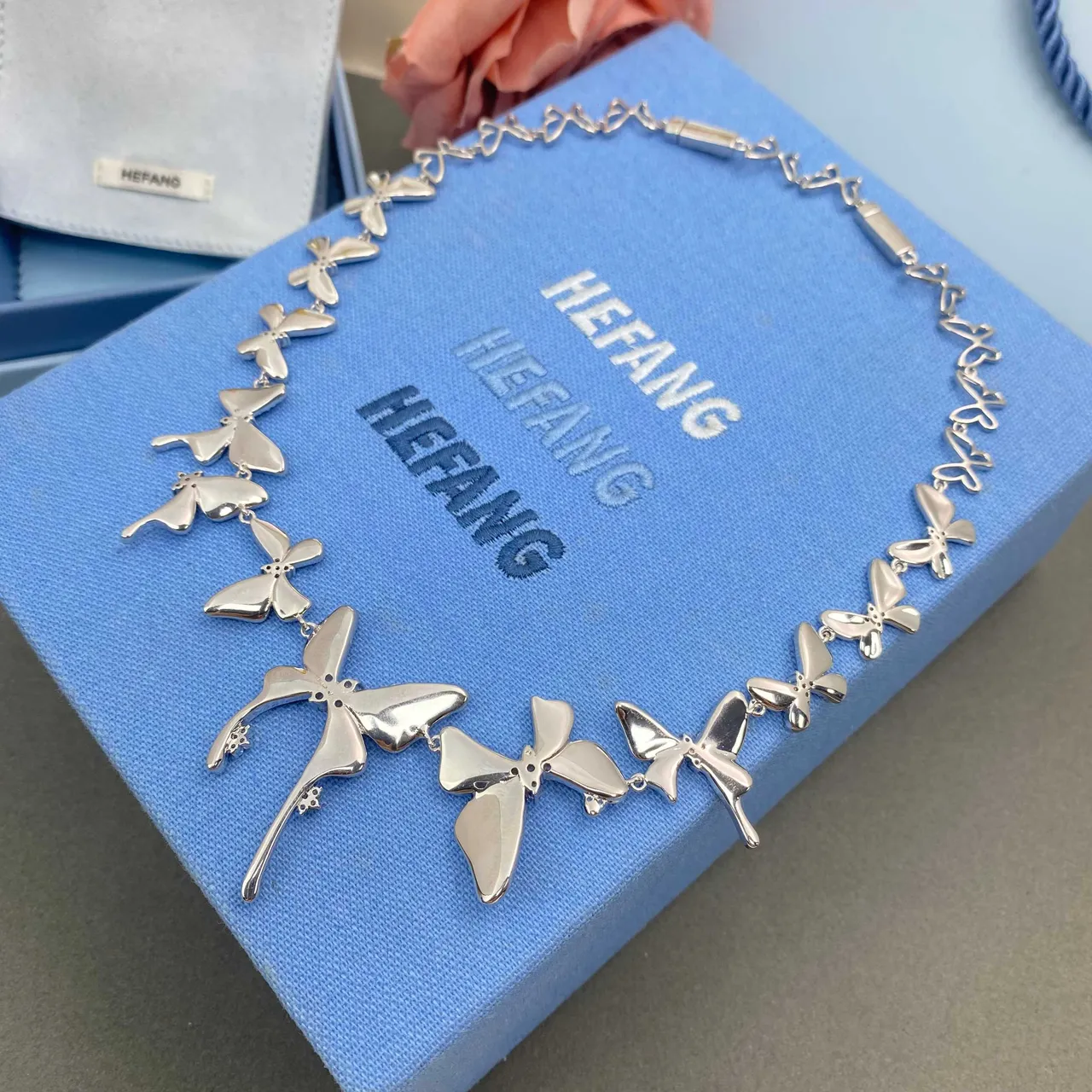 HEFANG Silver Yellow Butterfly Motif Pavé-Set Stones Necklace 3