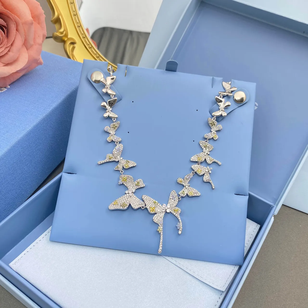 HEFANG Silver Yellow Butterfly Motif Pavé-Set Stones Necklace 6