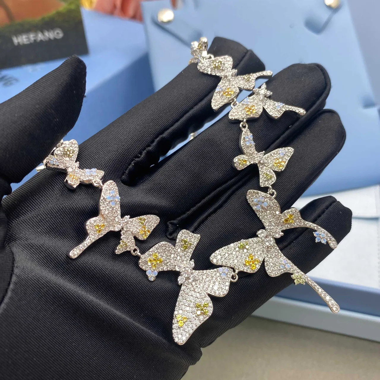 HEFANG Silver Yellow Butterfly Motif Pavé-Set Stones Necklace 8