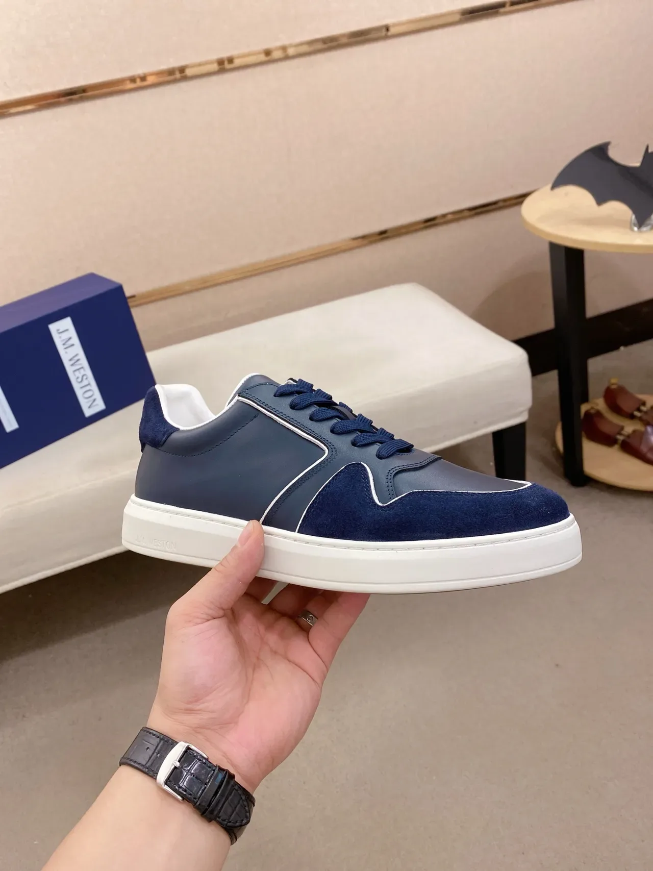 J.M. Weston Navy White Leather And Suede Panel Construction Contrast Piping Lifestyle Sneakers 4