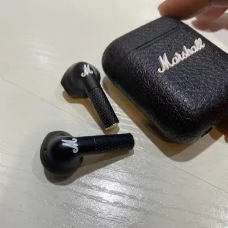 Marshall Black White Textured Stems Cursive Logo TWS Earbuds